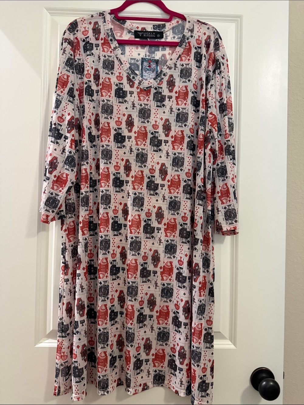 Lucky & Blessed Mesh in Red, Black & White Card Print- great as swim cover up